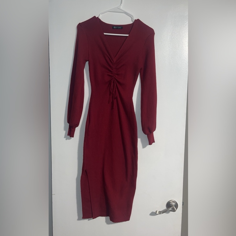 Long Sleeve Ruched Burgundy Sweater Dress
